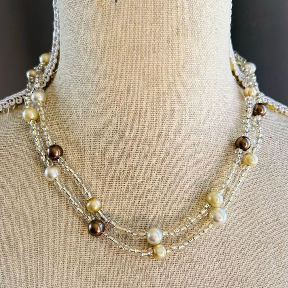 Handcrafted Clear Silver Bead with Vintage Faux Pearl Beads Long Beaded Wrap Nec